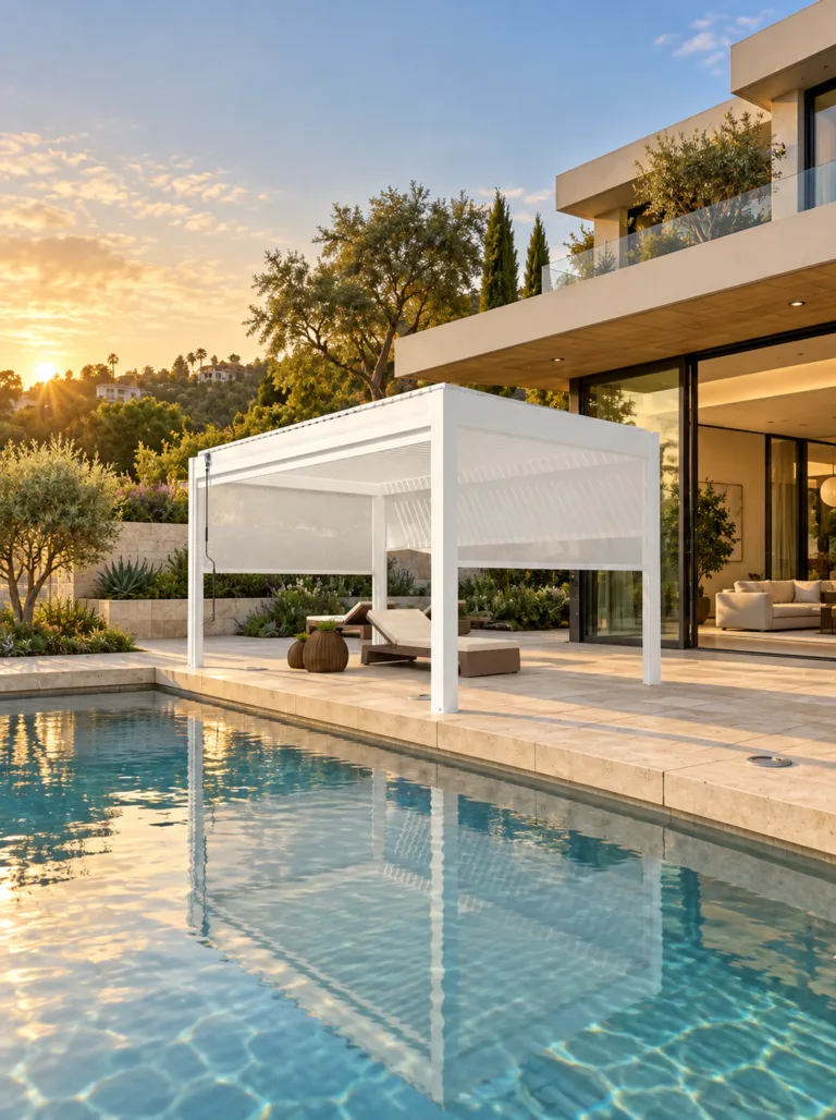 White META LIFESTYLE motorized louvered pergola beside a contemporary Southern California pool