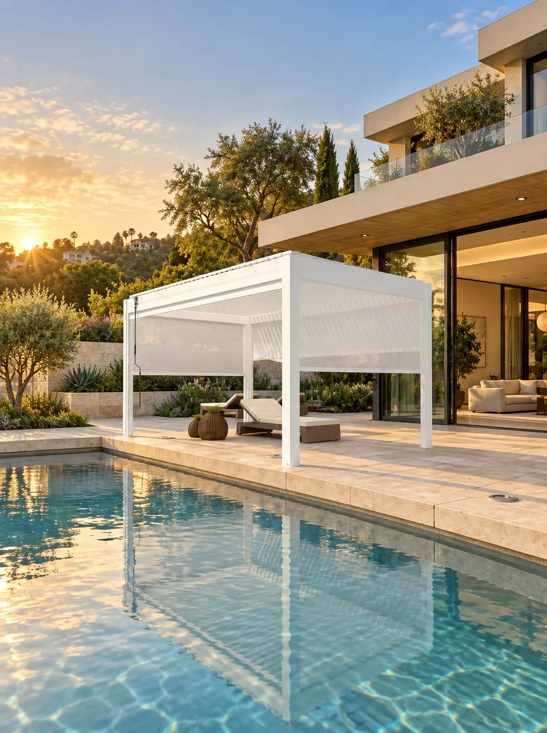 White META LIFESTYLE motorized louvered pergola beside a contemporary Southern California pool