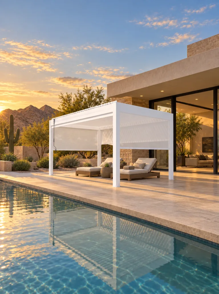White META LIFESTYLE motorized pergola beside a luxury Arizona pool