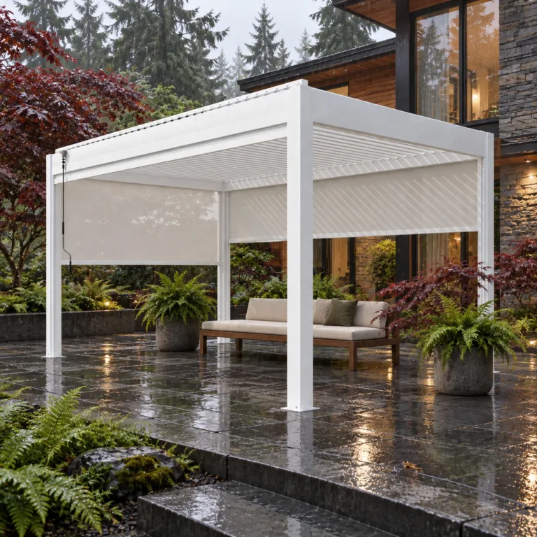 White META LIFESTYLE motorized pergola in a rainy Pacific Northwest courtyard