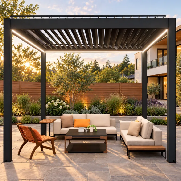 META LIFESTYLE motorized louvered pergola on a luxury patio beside a privacy fence