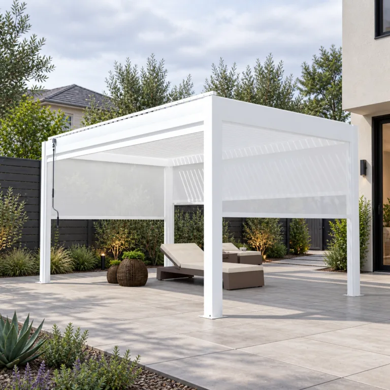 White META LIFESTYLE motorized pergola in a compact landscaped backyard with a detached property-line fence and clear access path