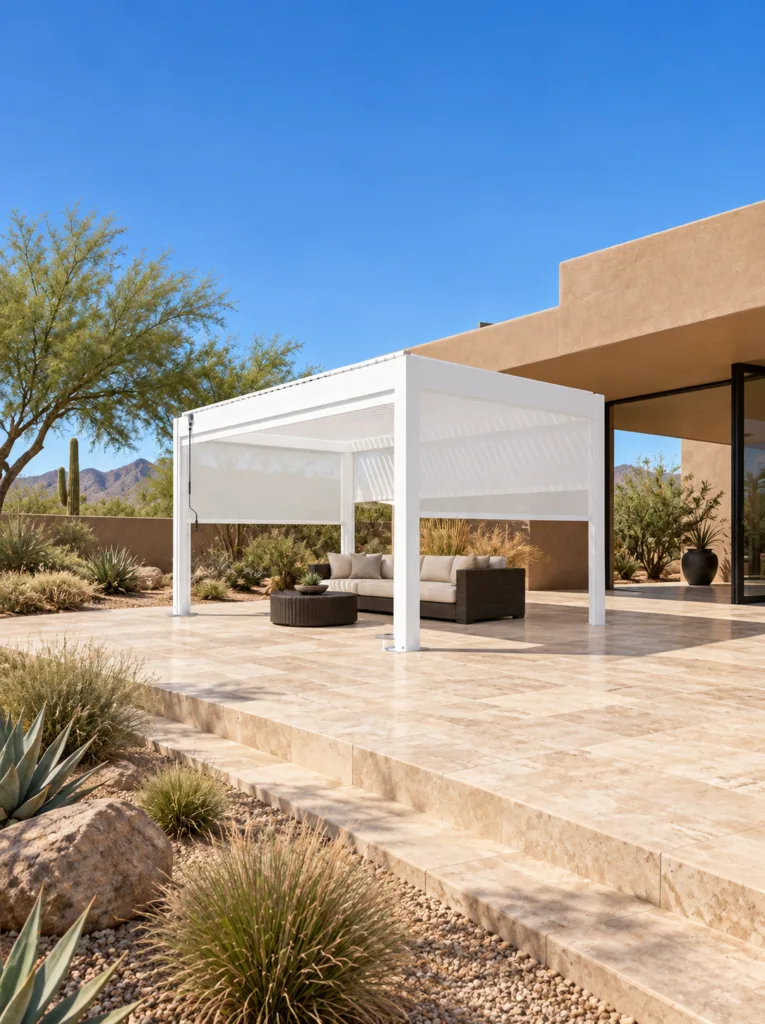 White motorized pergola with partially lowered screens on a desert courtyard patio