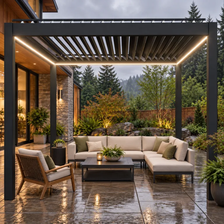 Dark META LIFESTYLE motorized pergola in a rain-ready Portland backyard