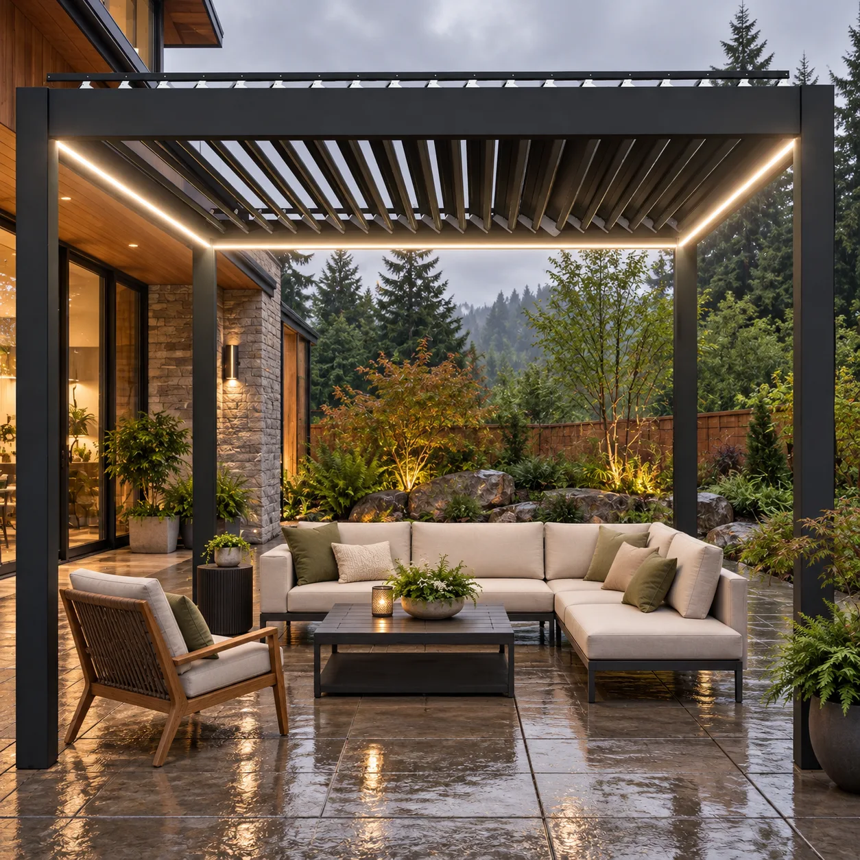 Dark META LIFESTYLE motorized pergola in a rain-ready Portland backyard