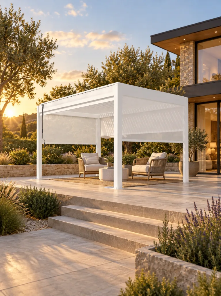 White motorized aluminum pergola in an upscale backyard reading and wellness terrace