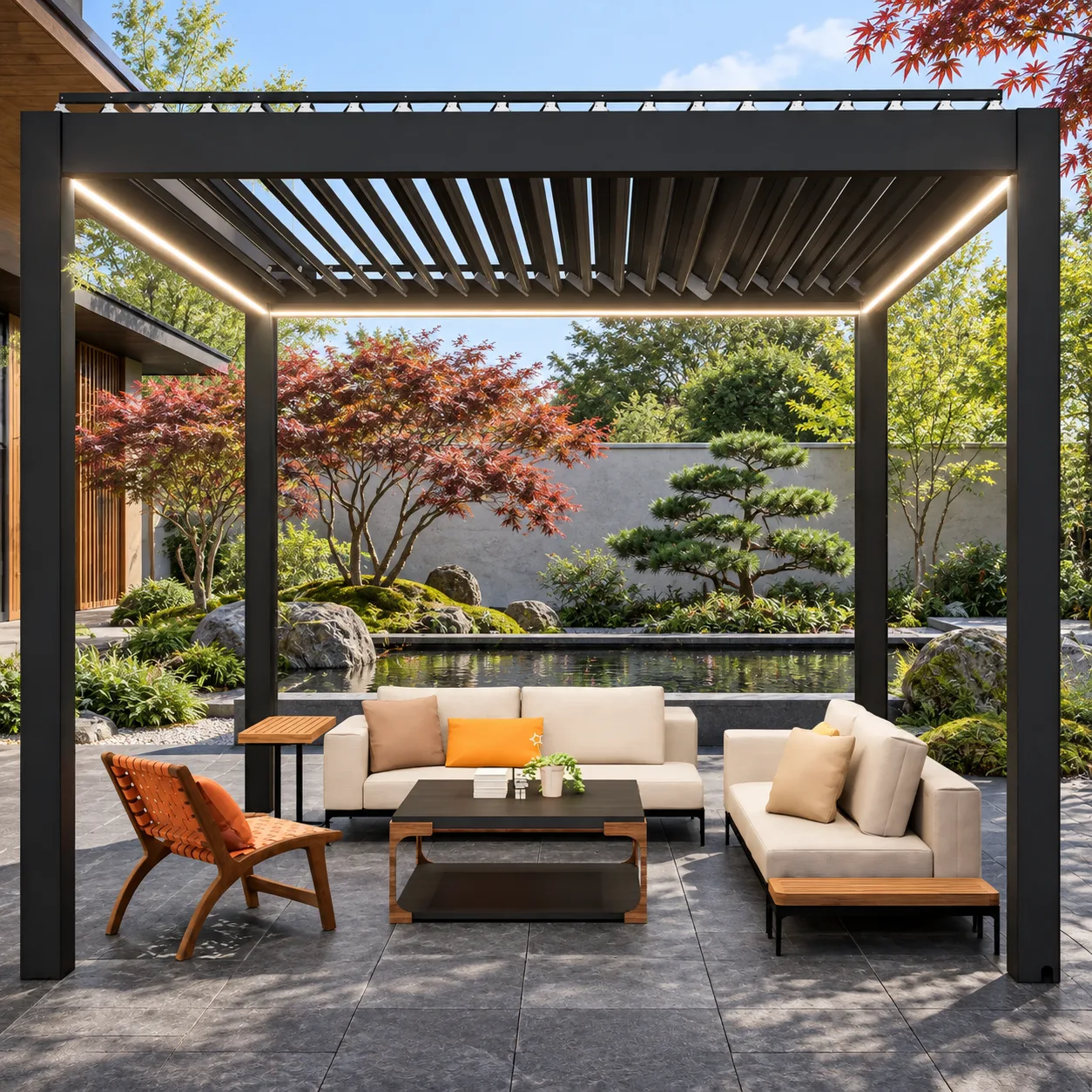Dark META LIFESTYLE motorized pergola beside a Japanese-inspired reflecting pond