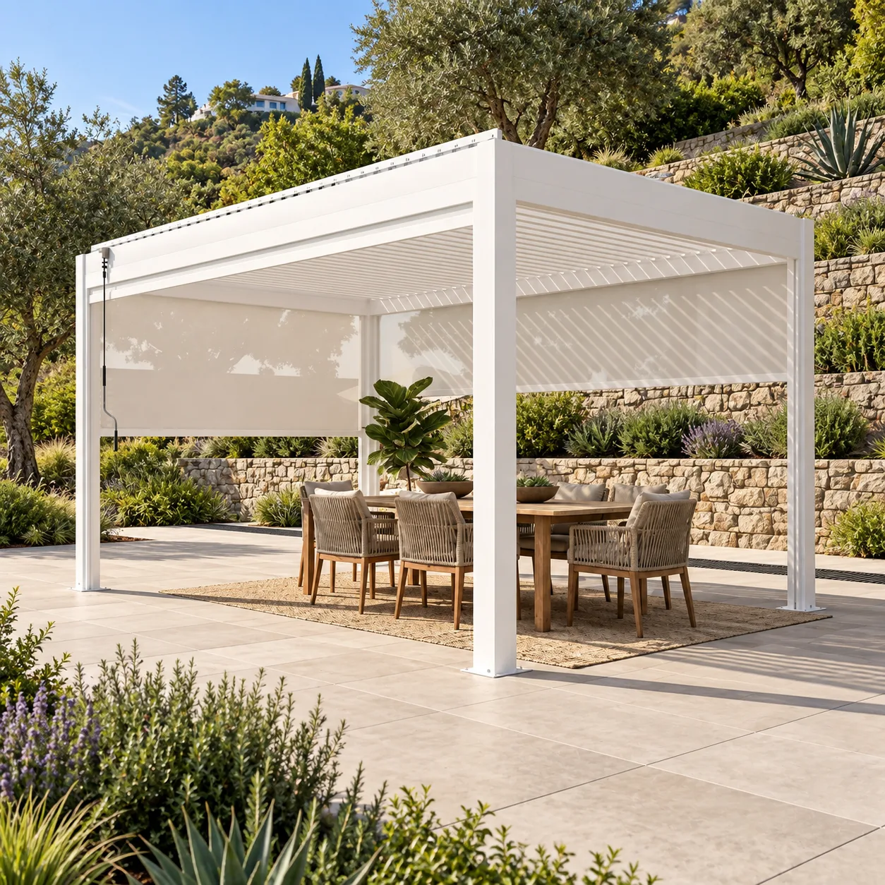White META LIFESTYLE motorized pergola in a terraced California hillside garden with a separate stone retaining wall and drainage path