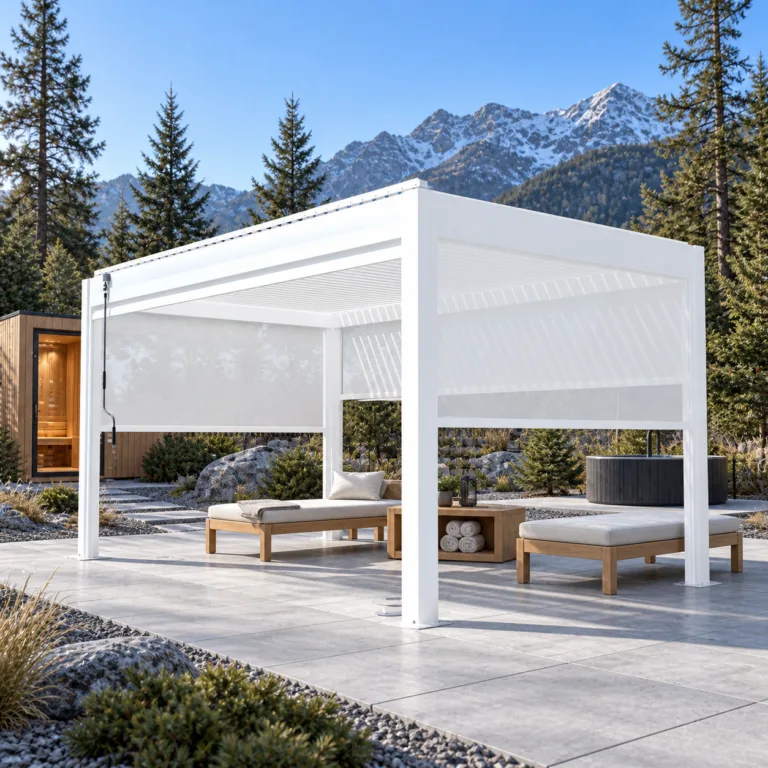White META LIFESTYLE motorized pergola in a Nordic mountain wellness courtyard near a separate cedar sauna and cold plunge