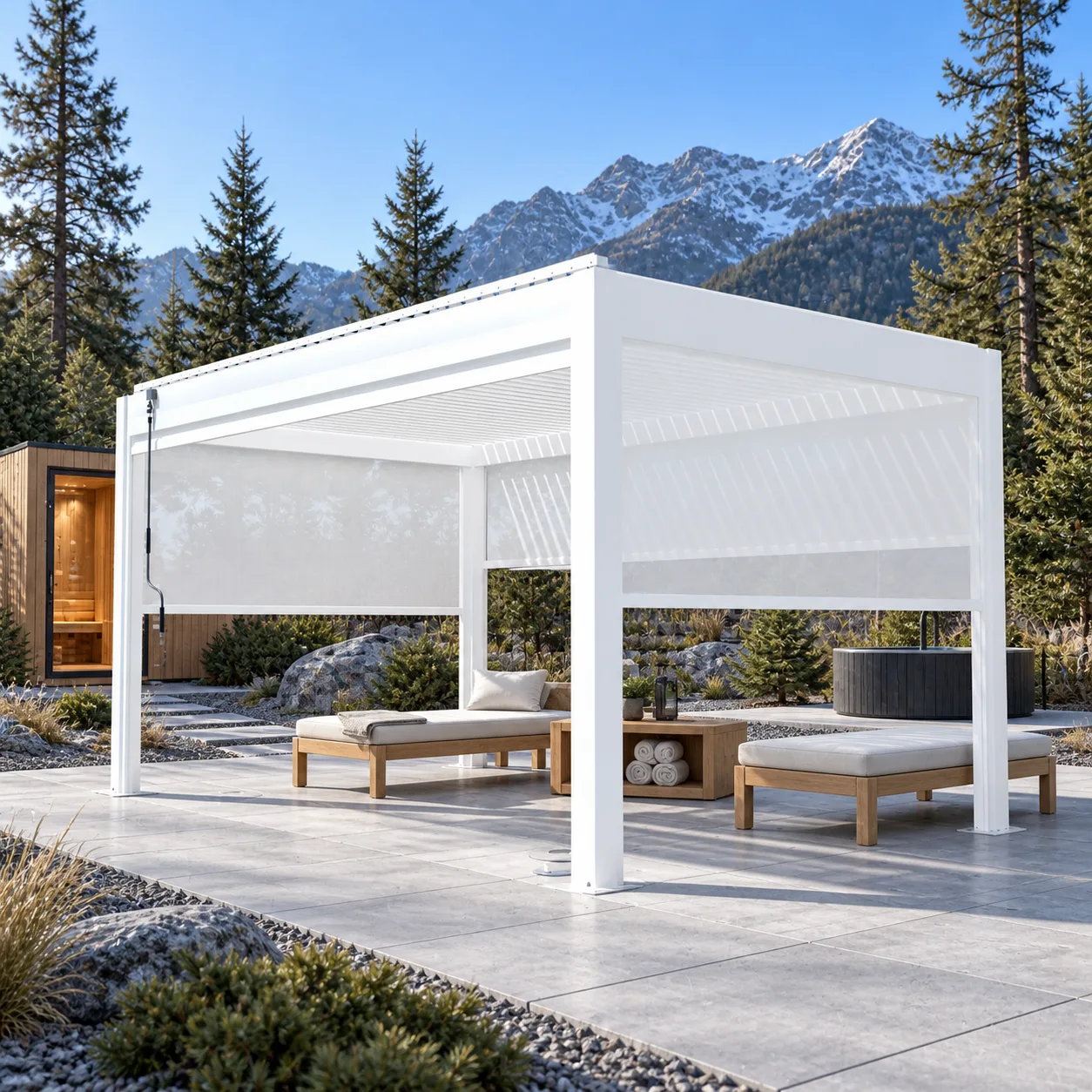 White META LIFESTYLE motorized pergola in a Nordic mountain wellness courtyard near a separate cedar sauna and cold plunge