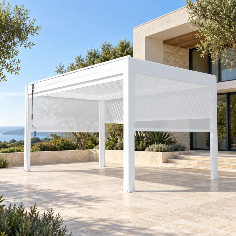 White META LIFESTYLE louvered pergola with retractable screens in a coastal courtyard