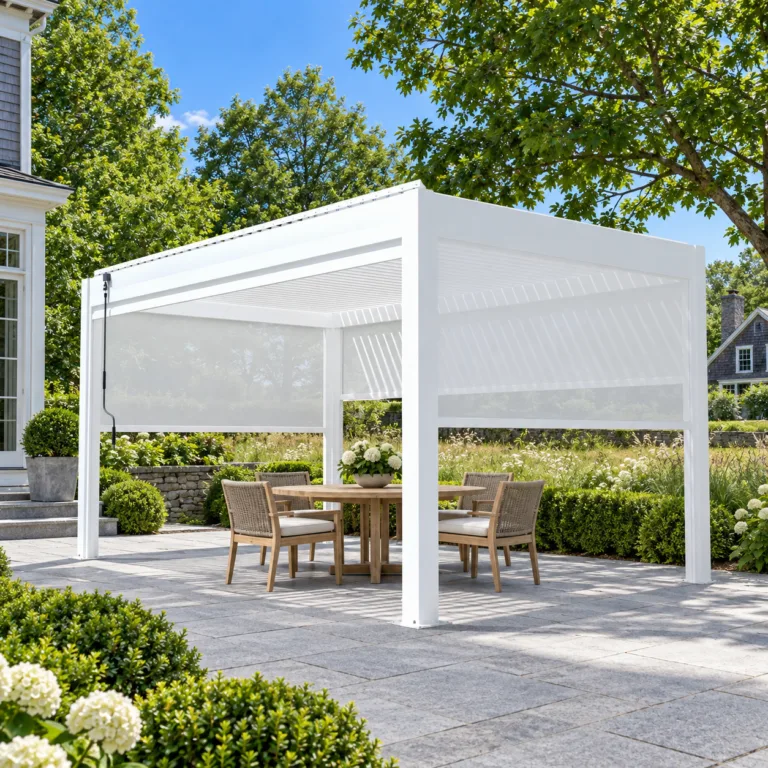White META LIFESTYLE motorized pergola at an upscale New England country home