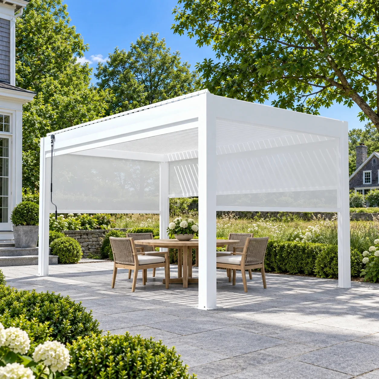 White META LIFESTYLE motorized pergola at an upscale New England country home