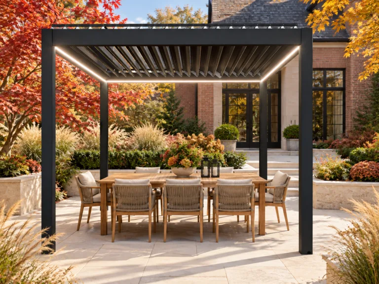 META LIFESTYLE motorized aluminum pergola in an upscale autumn courtyard