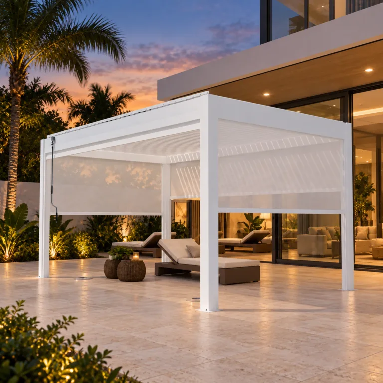 White META LIFESTYLE louvered pergola beside sliding glass doors at a luxury Florida residence