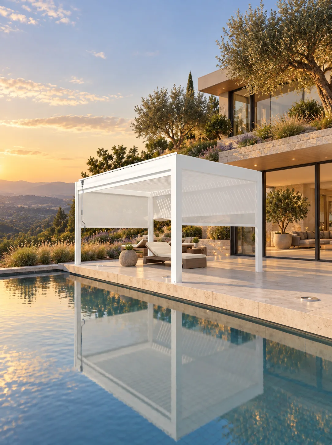 White META LIFESTYLE louvered pergola on a luxury terraced Northern California hillside