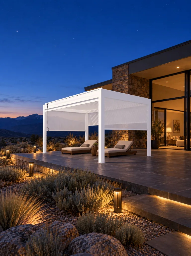 White META LIFESTYLE motorized pergola on a luxury mountain stargazing terrace