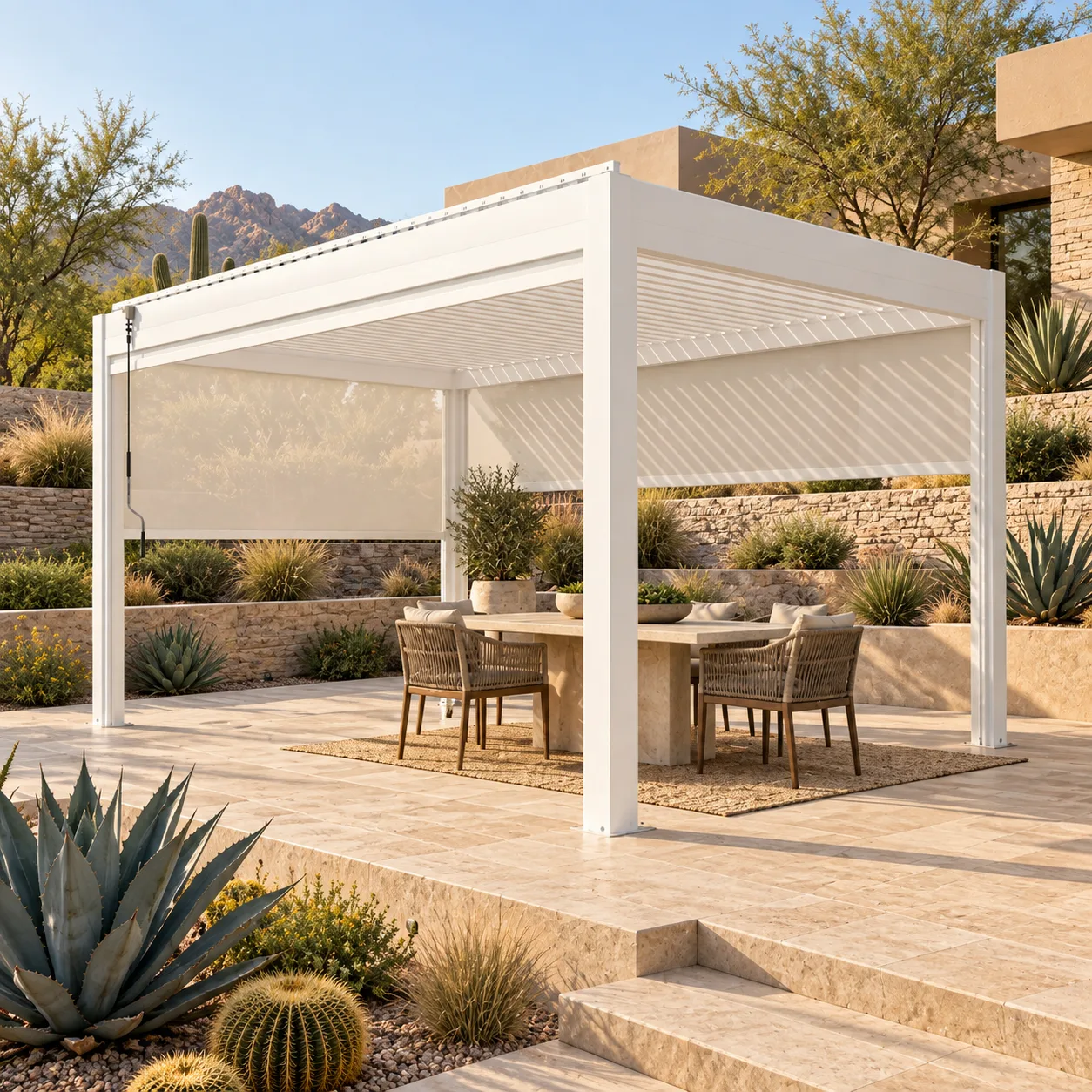 White META LIFESTYLE motorized pergola on a terraced desert-modern backyard
