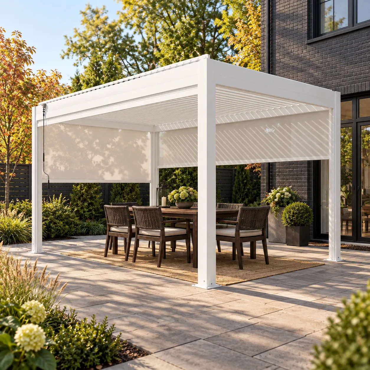 Complete white META LIFESTYLE pergola with side screens on a paver townhouse patio