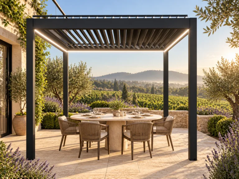 Dark META LIFESTYLE motorized pergola on an elegant Napa Valley tasting terrace