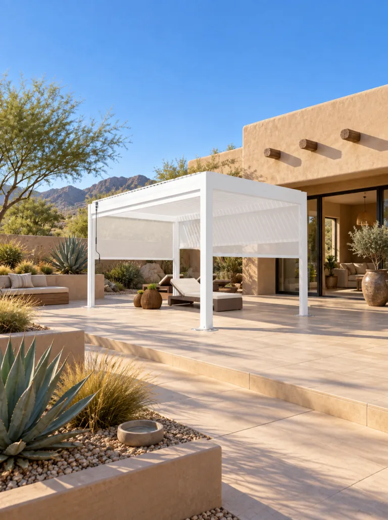 White META LIFESTYLE motorized pergola in a pet-friendly Southwestern courtyard