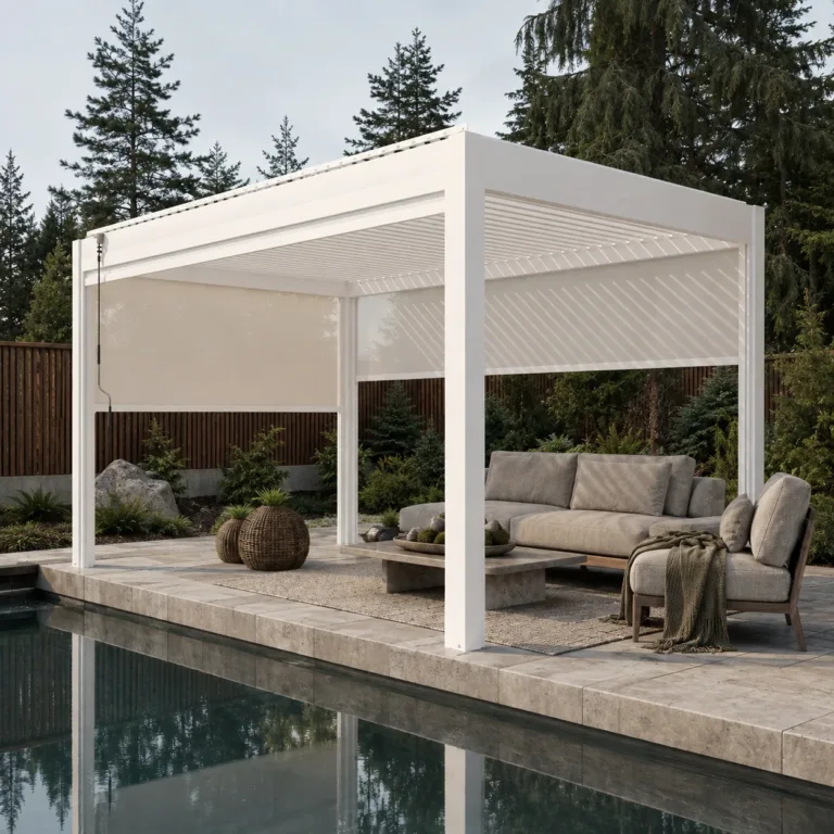 White motorized louvered pergola in an upscale Pacific Northwest backyard