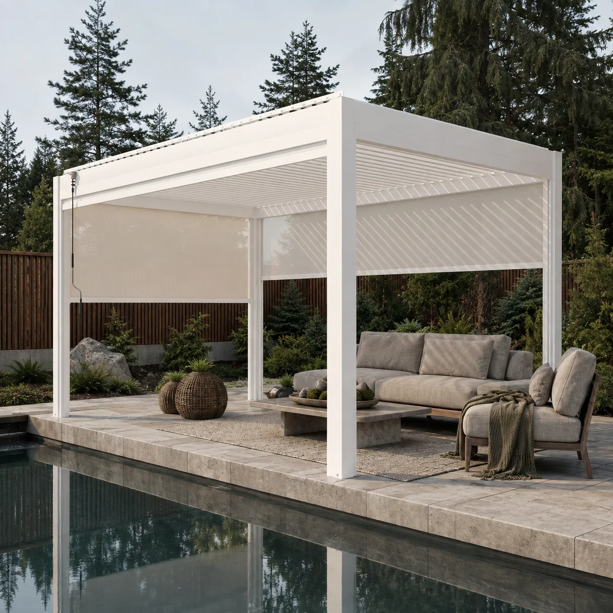 White motorized louvered pergola in an upscale Pacific Northwest backyard