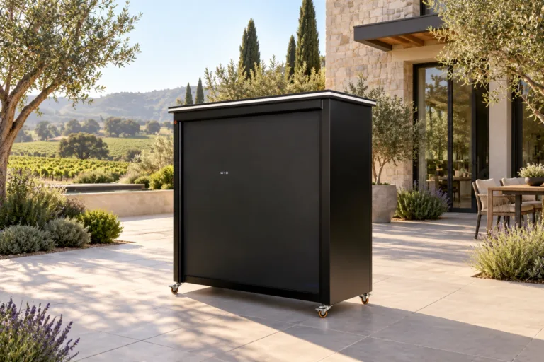 META LIFESTYLE rolling-shutter outdoor kitchen on a smooth luxury paver patio