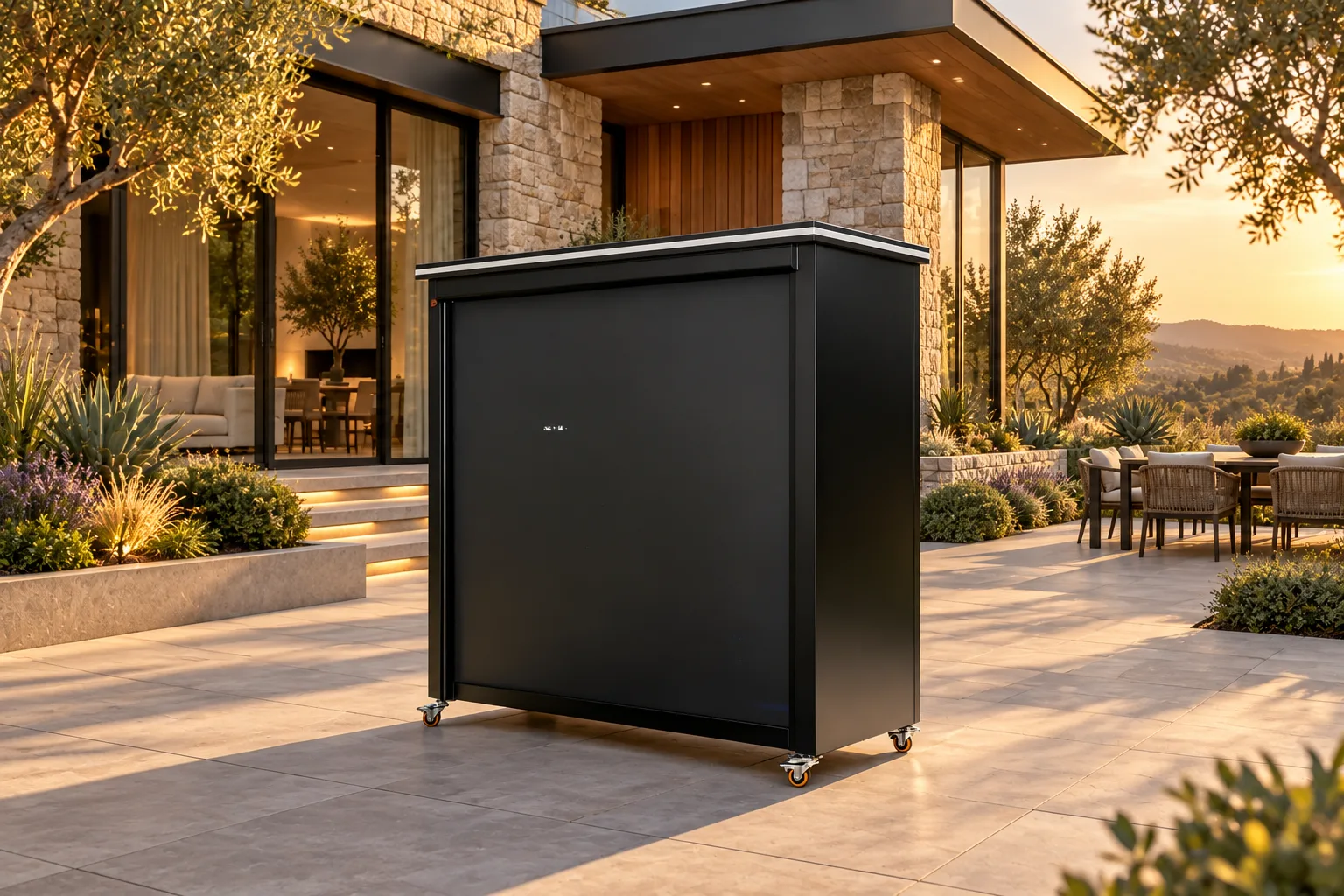 Closed black META LIFESTYLE rolling outdoor kitchen on a level luxury patio