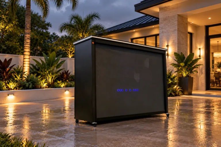 Closed META LIFESTYLE rolling-shutter kitchen in a calm post-rain Florida courtyard