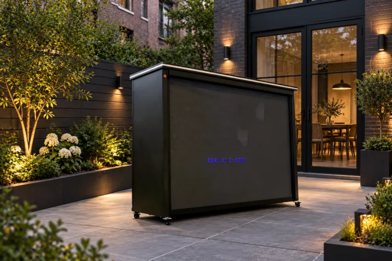 Closed META LIFESTYLE rolling-shutter kitchen in a refined compact courtyard