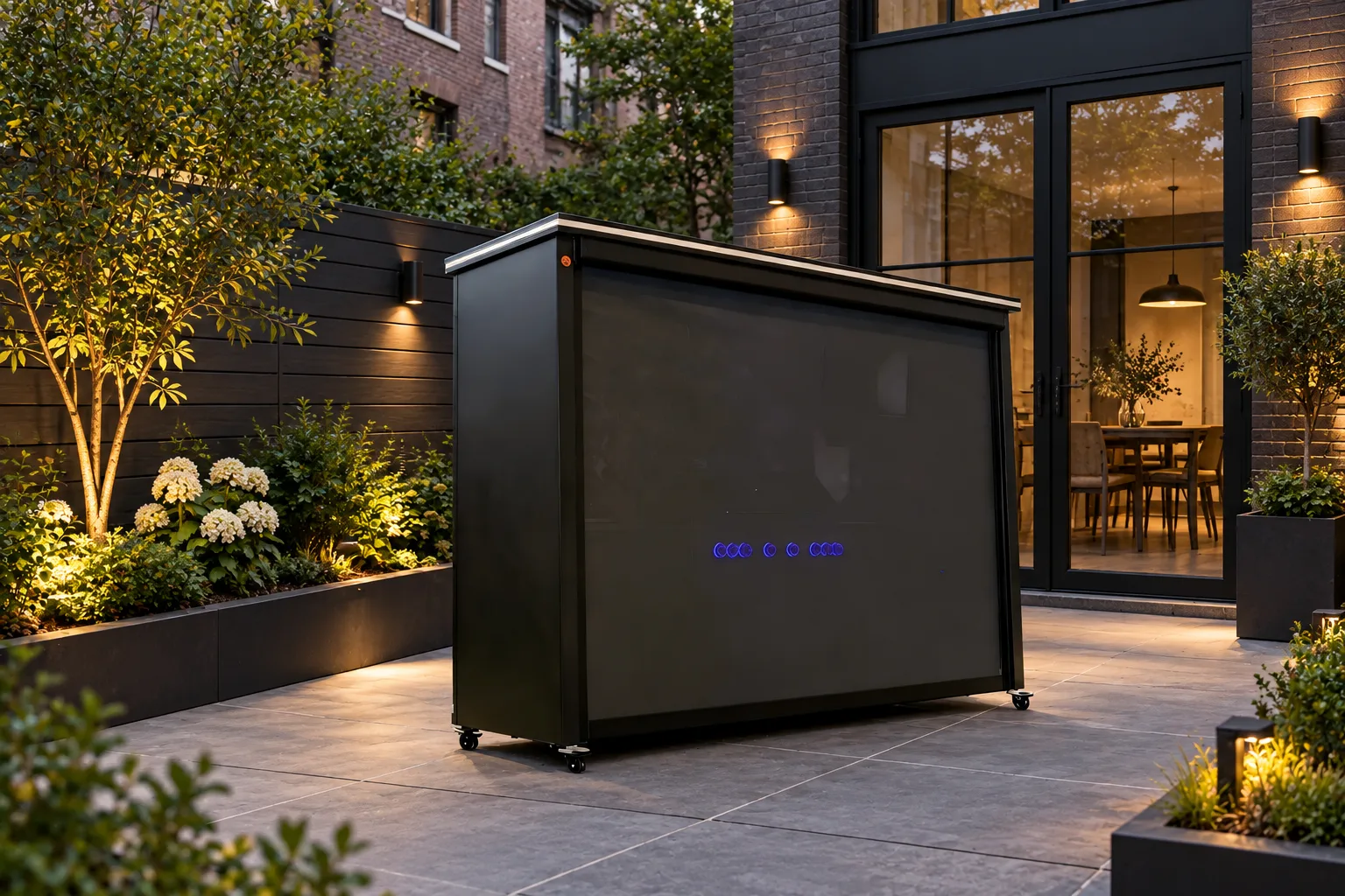 Closed META LIFESTYLE rolling-shutter kitchen in a refined compact courtyard