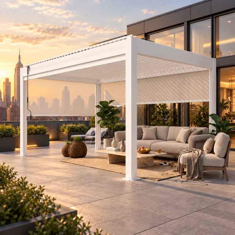 META LIFESTYLE white louvered pergola on an engineered urban roof terrace