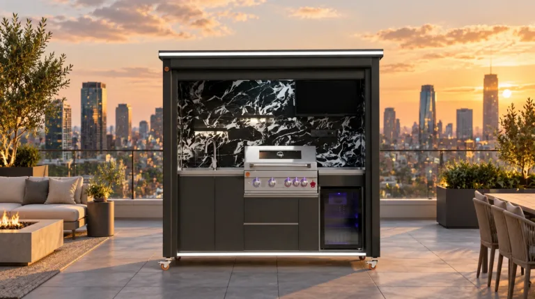 Complete open charcoal outdoor kitchen centered on a spacious luxury rooftop terrace