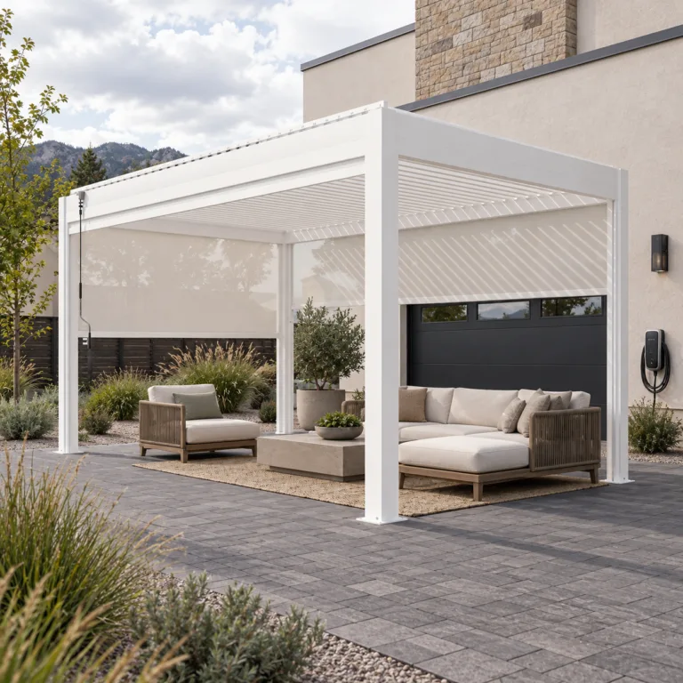 White META LIFESTYLE motorized pergola beside a modern garage courtyard with an EV charger