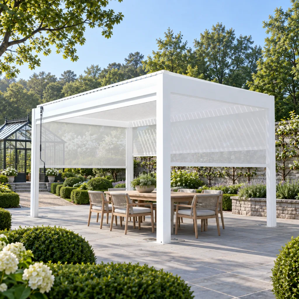 White META LIFESTYLE motorized pergola beside a premium estate greenhouse garden