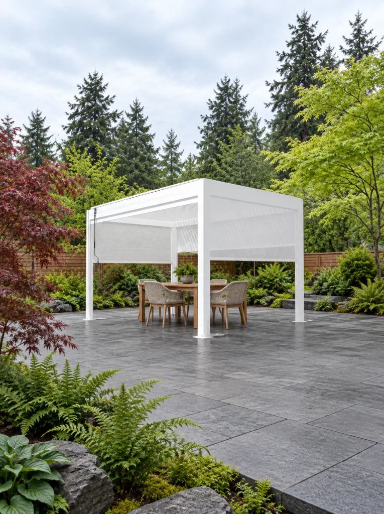 Full white META LIFESTYLE louvered pergola with partially lowered screens on a basalt garden patio