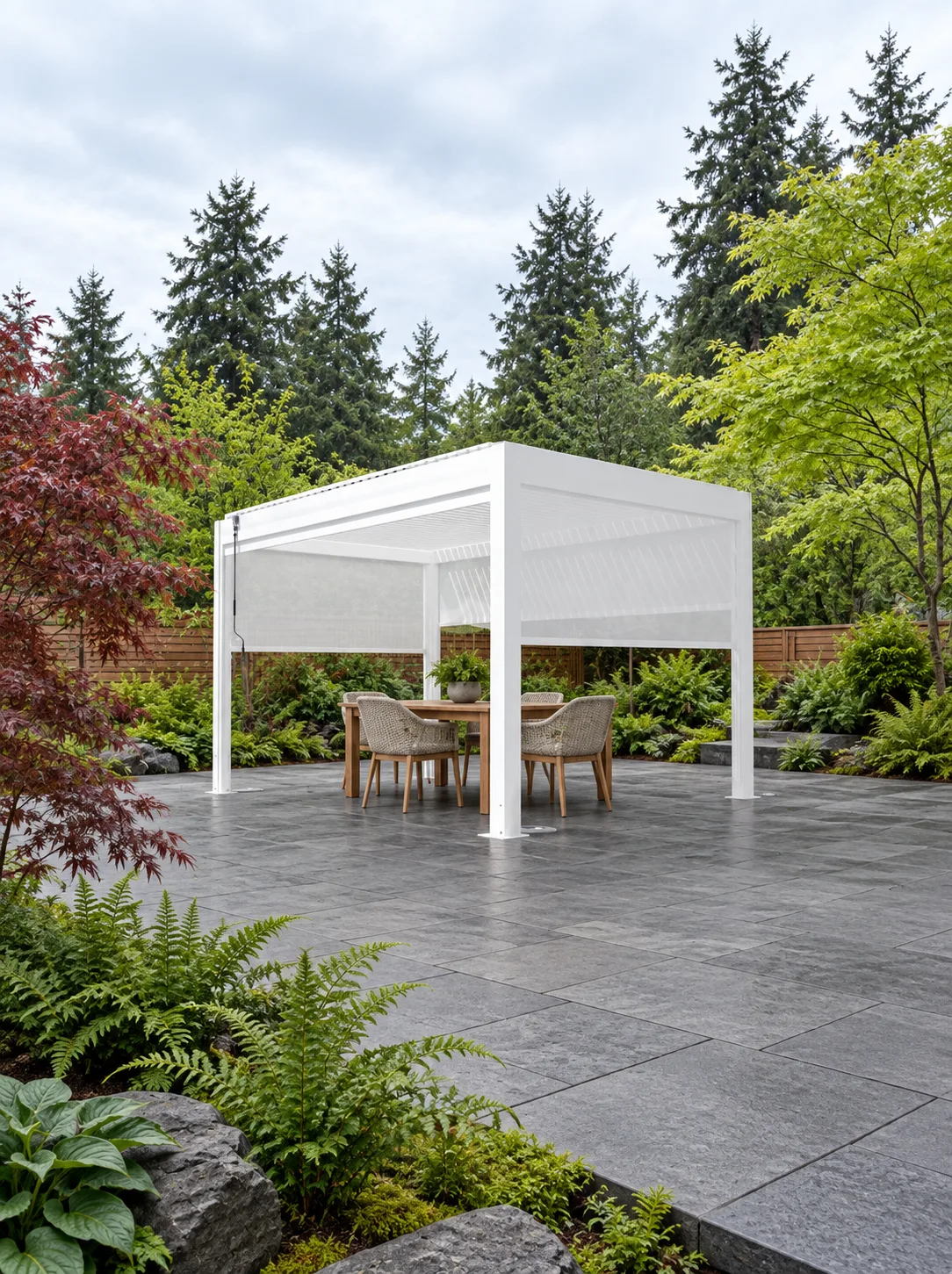 Full white META LIFESTYLE louvered pergola with partially lowered screens on a basalt garden patio