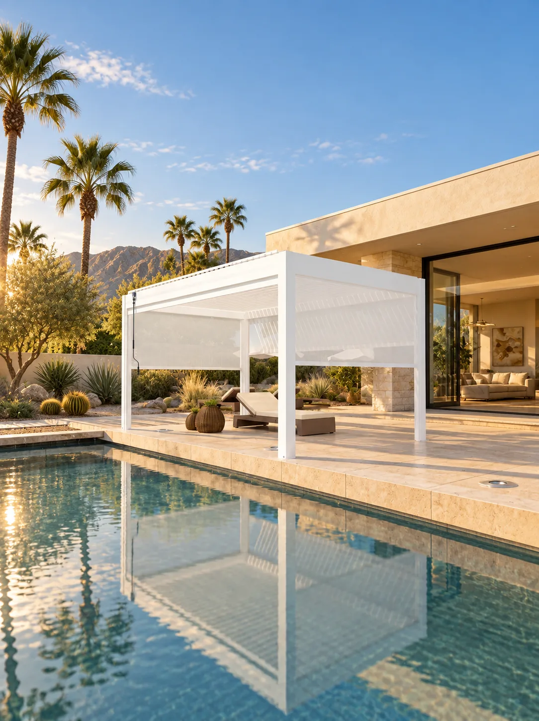 White META LIFESTYLE motorized louvered pergola on a Palm Springs style pool patio