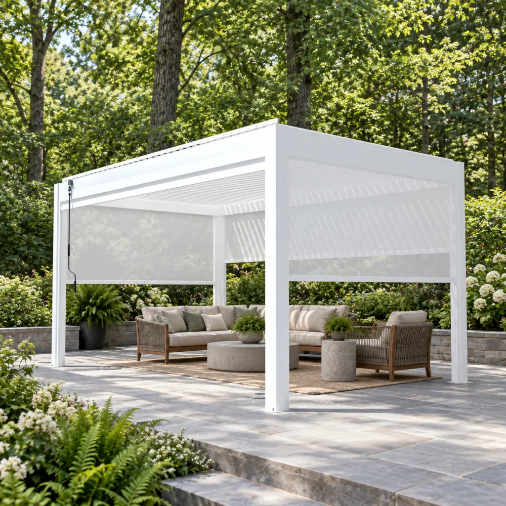 White META LIFESTYLE motorized pergola with screens on a landscaped woodland patio