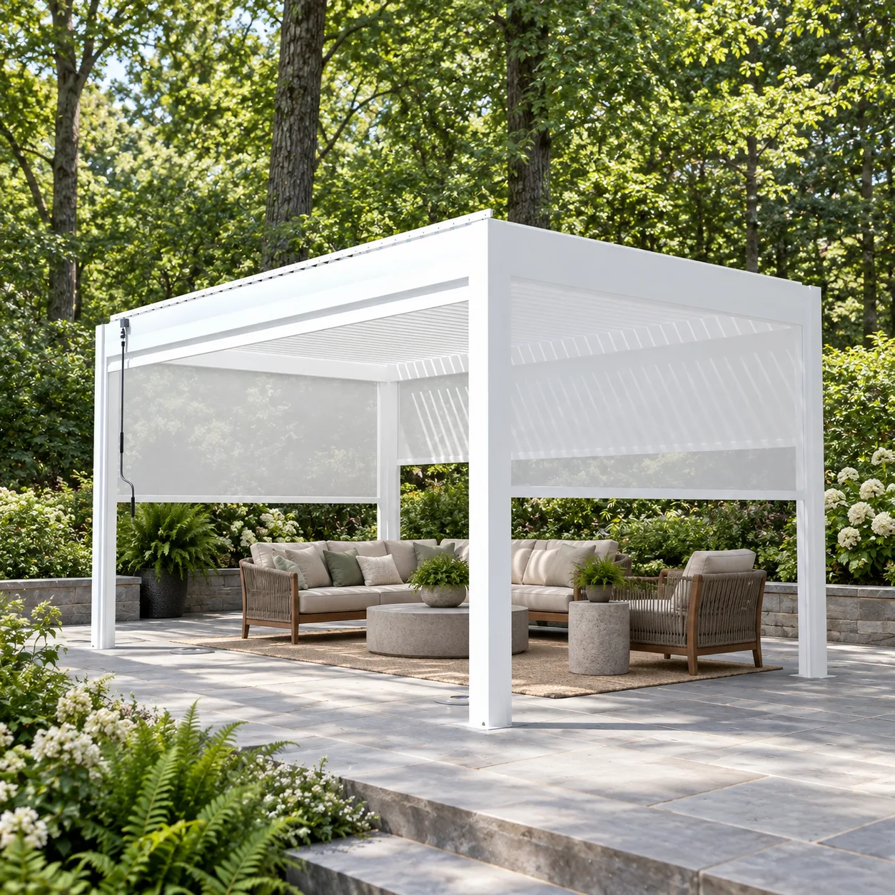 White META LIFESTYLE motorized pergola with screens on a landscaped woodland patio