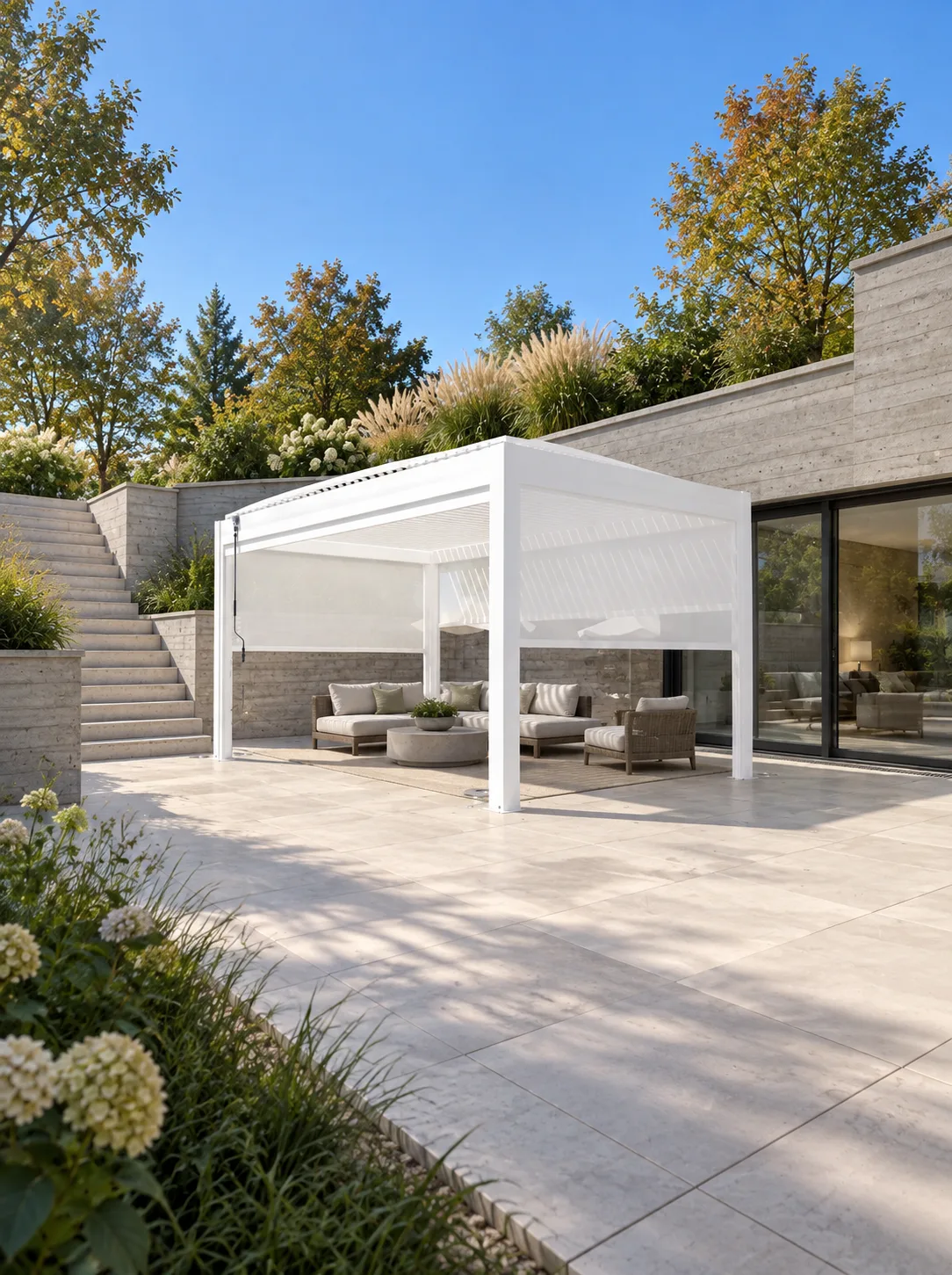 White META LIFESTYLE motorized pergola on a premium walkout-basement courtyard