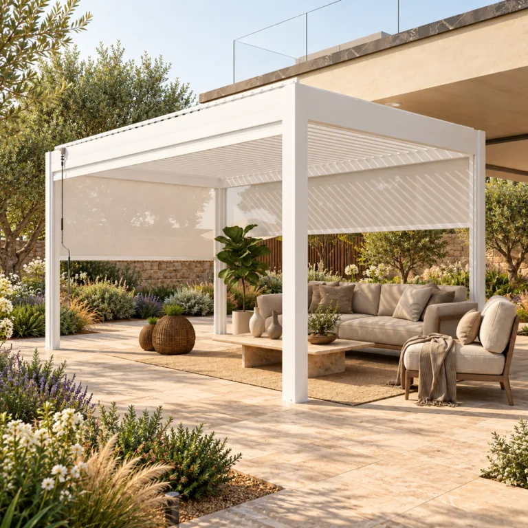 White META LIFESTYLE louvered pergola in an accessible courtyard garden with clear paved circulation space