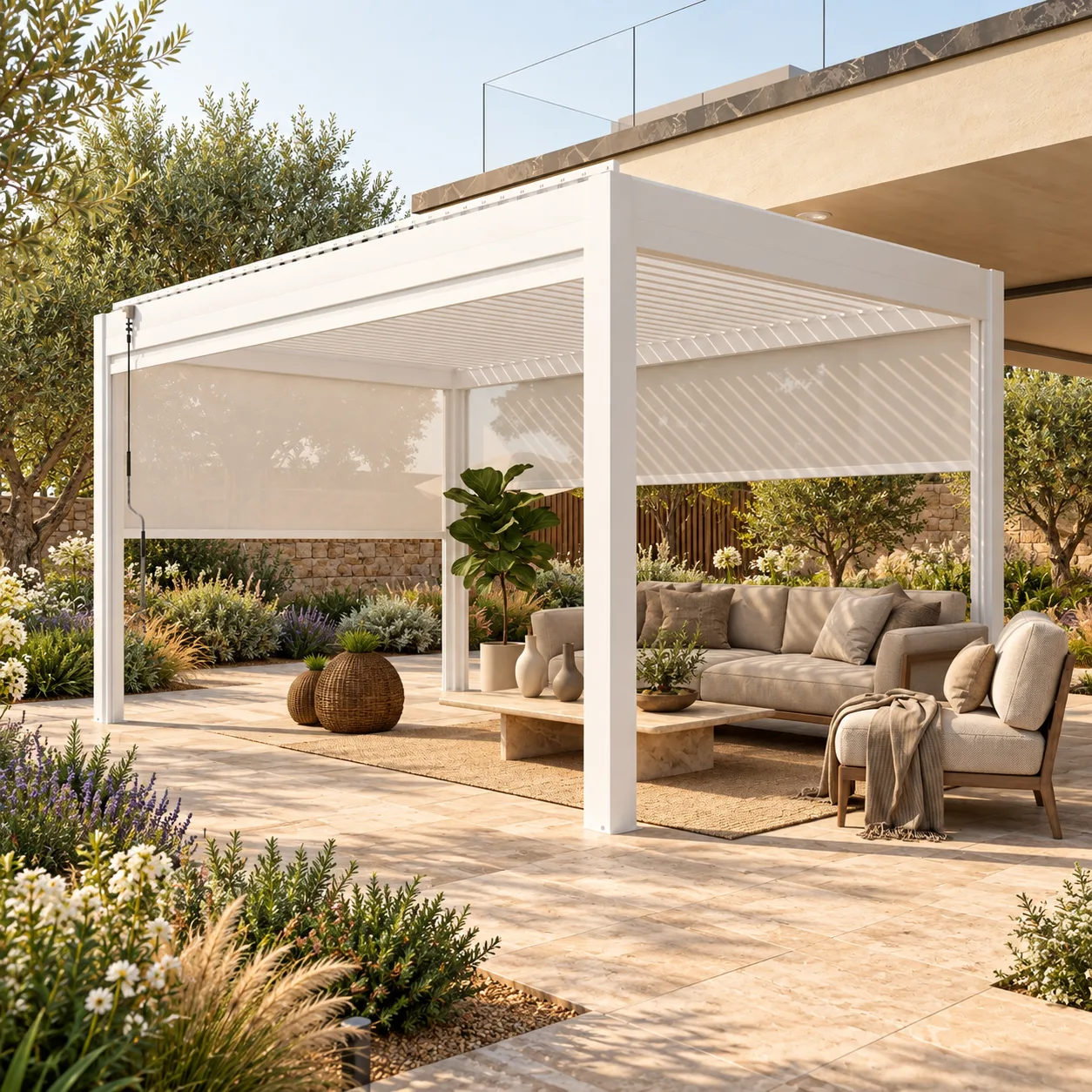 White META LIFESTYLE louvered pergola in an accessible courtyard garden with clear paved circulation space