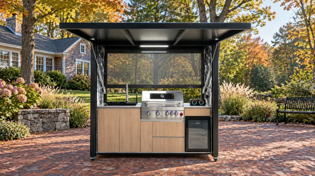 Complete open META LIFESTYLE outdoor kitchen in an autumn cottage garden with red-brick patio and mature maples