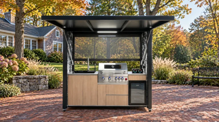 Complete open META LIFESTYLE outdoor kitchen in an autumn cottage garden with red-brick patio and mature maples