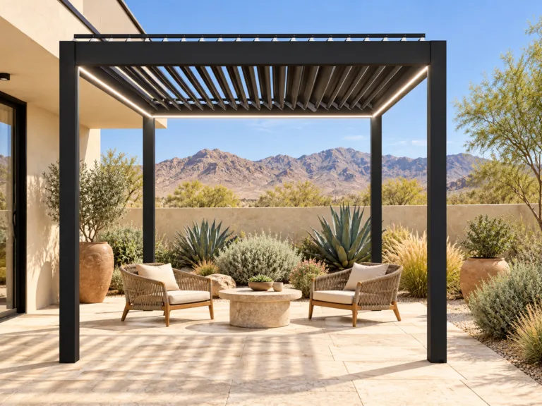 Black META LIFESTYLE motorized louvered pergola in a sunlit high-desert courtyard with pale stone paving and drought-tolerant planting