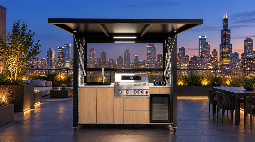 Complete open META LIFESTYLE outdoor kitchen with black canopy, stainless grill, sink, wooden cabinets, and refrigerator on a blue-hour city rooftop terrace