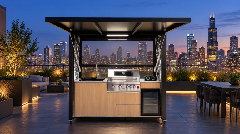 Complete open META LIFESTYLE outdoor kitchen with black canopy, stainless grill, sink, wooden cabinets, and refrigerator on a blue-hour city rooftop terrace