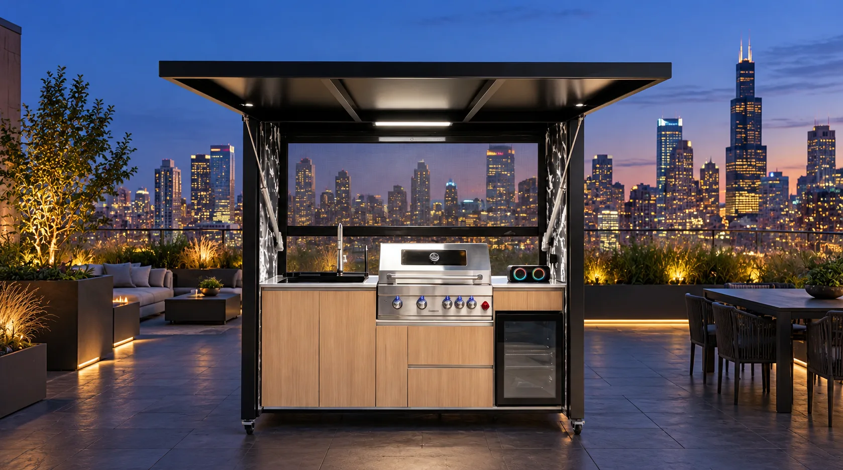 Complete open META LIFESTYLE outdoor kitchen with black canopy, stainless grill, sink, wooden cabinets, and refrigerator on a blue-hour city rooftop terrace